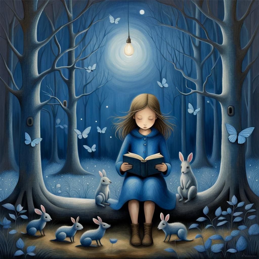 Girl Reading in Midnight Forest, Scandinavian Illustration