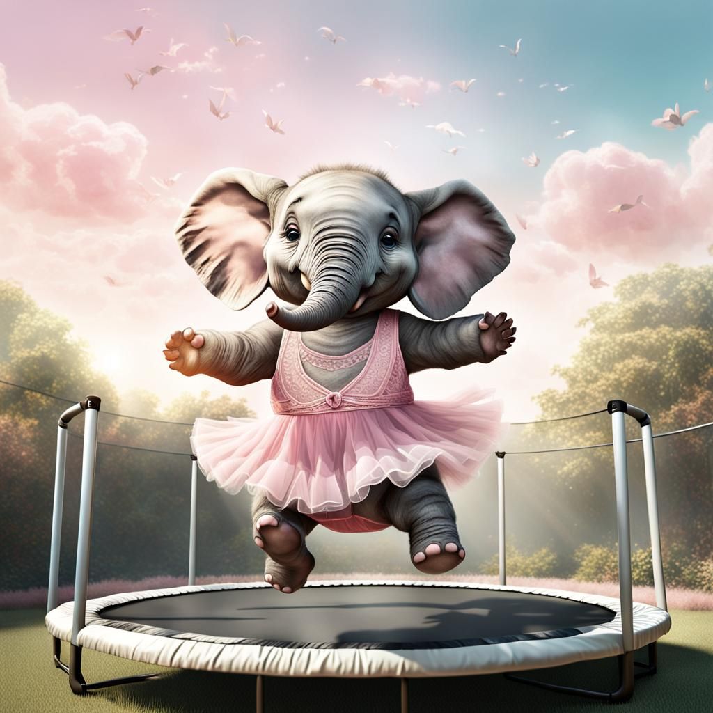 Cute Elephant Ballerina Jumps in Trampoline: Digital Art