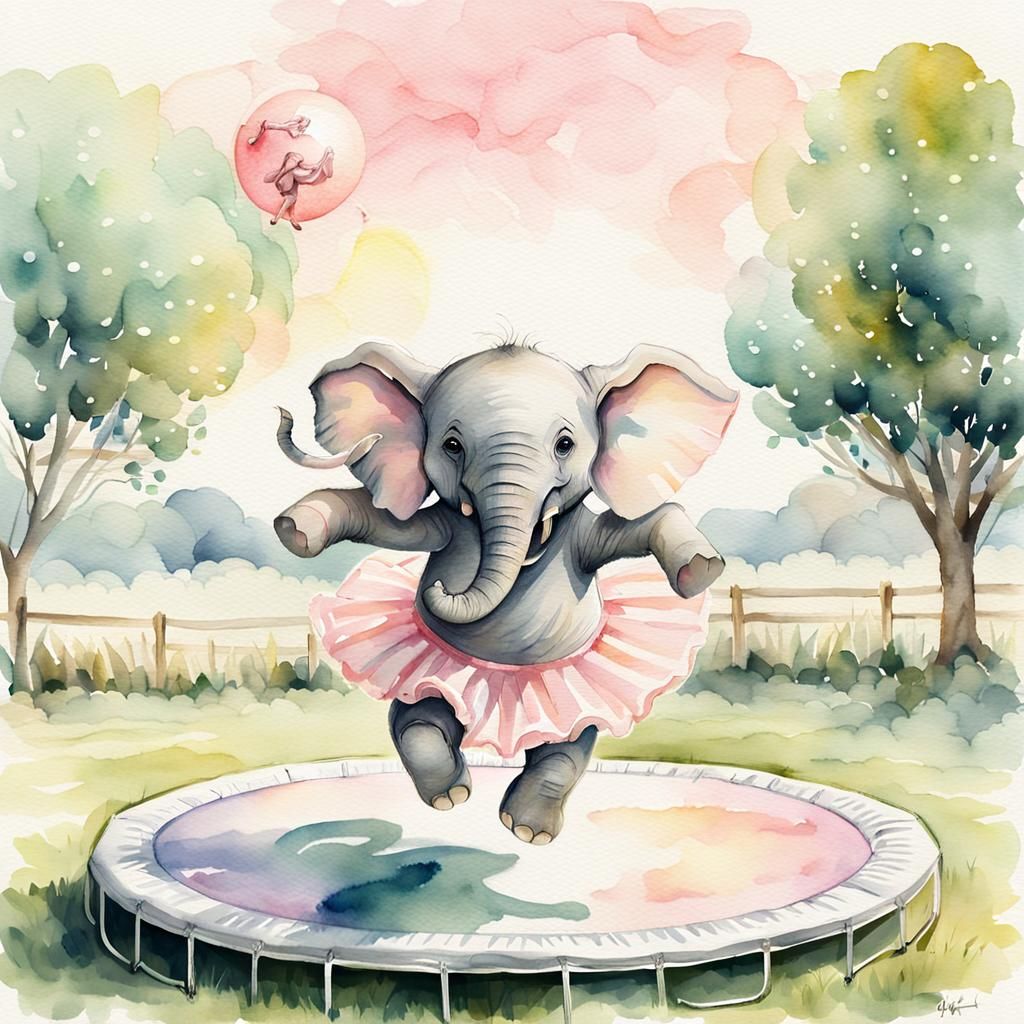 Watercolor Elephant Ballerina on Trampoline