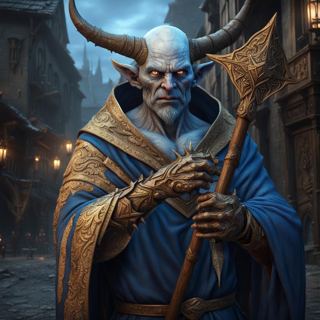 Demon Lightmage in Medieval City: Dark Fantasy Art