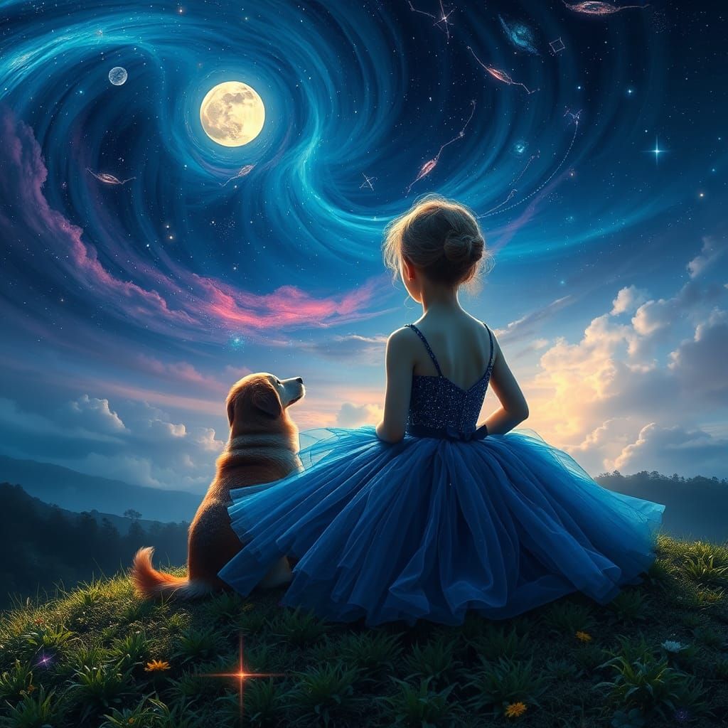 Magical Night Sky Scene with Girl and Dog