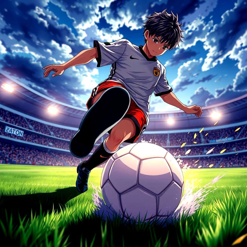 Anime Soccer Player Strikes the Ball in Ground-Level Cinemat...