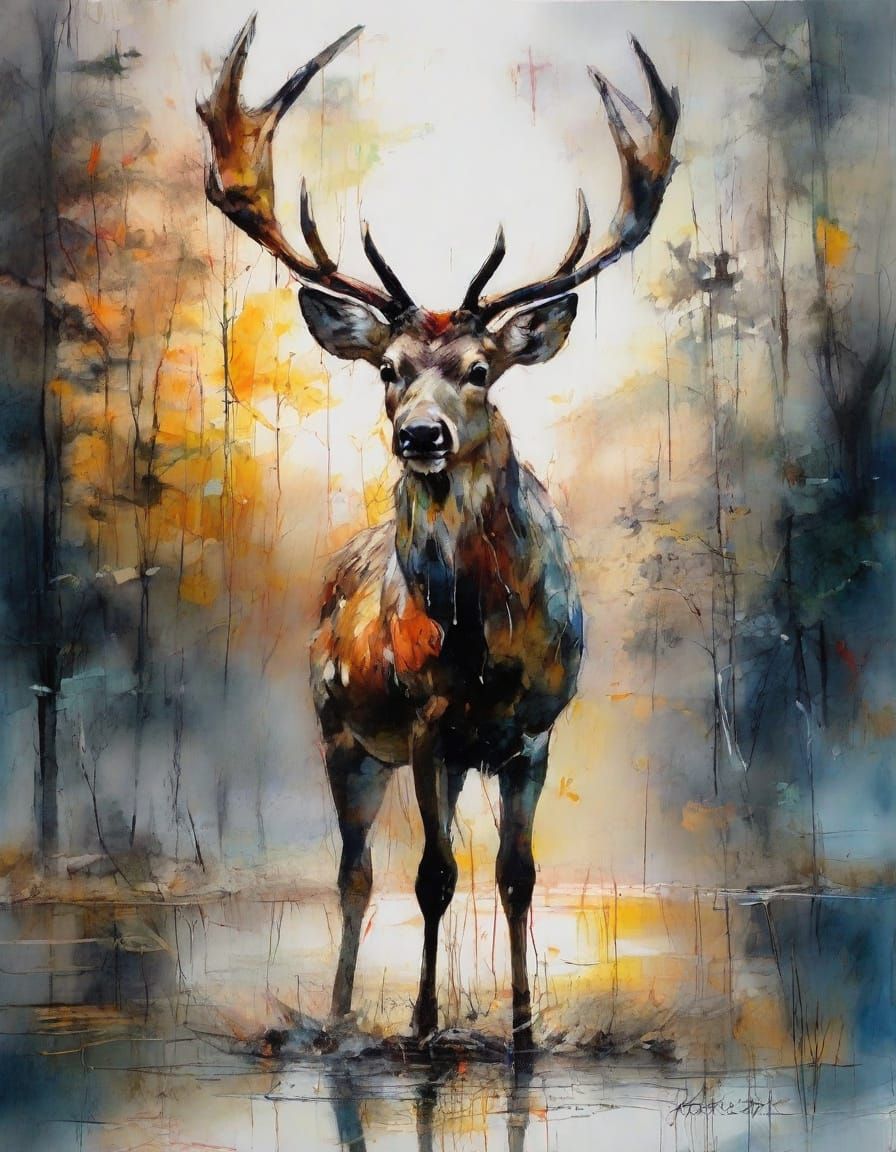 Extinct Deer in Forest at Sunset: Abstract Art
