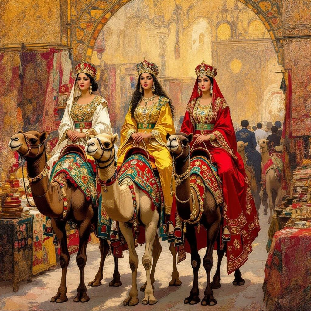 Regal Queens on Camels in Exotic Marketplace