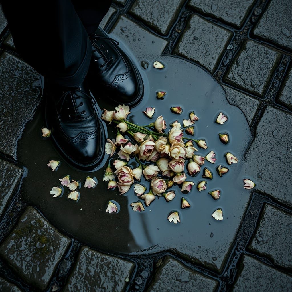 Scattered Bouquet on Ancient Cobblestone Street