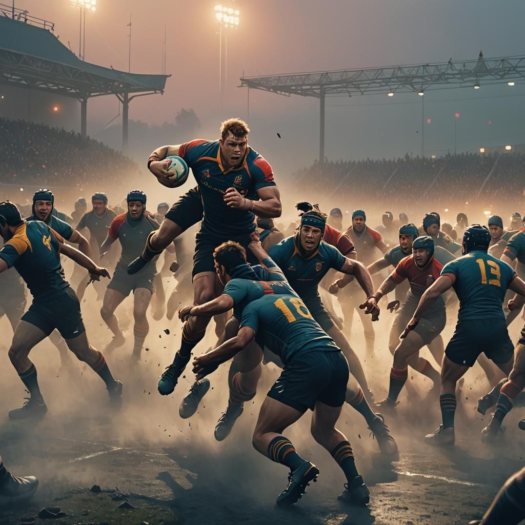 Mystical Rugby Player in Misty Golden Light