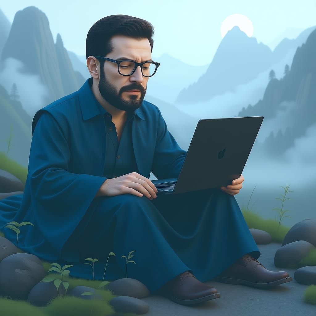 Wise Man in Mountain Landscape, Digital Art