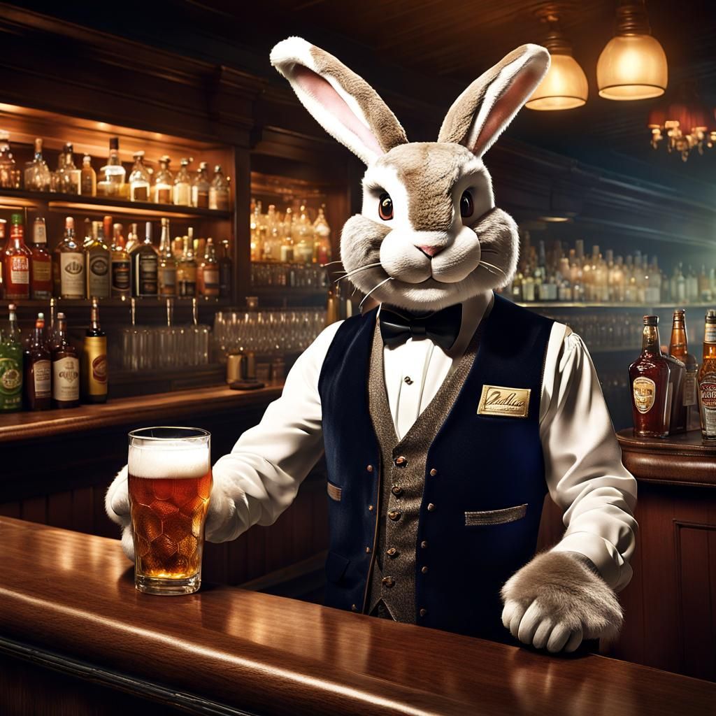 Bartender Serves Rabbit in Vintage Photo