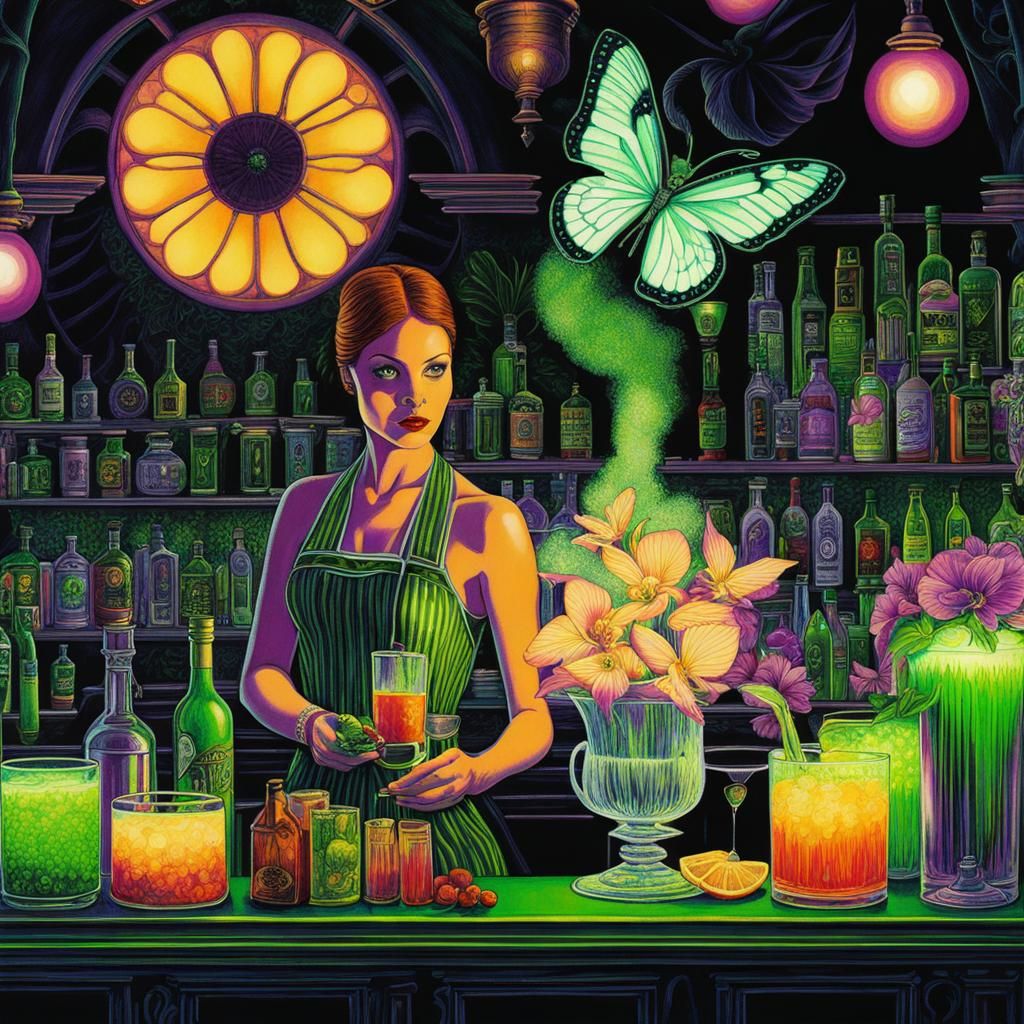 Lady Bartender Glowing green cocktail Lady bartender Art nouveau Absinth green fairy Bartender lady making glowing magic...