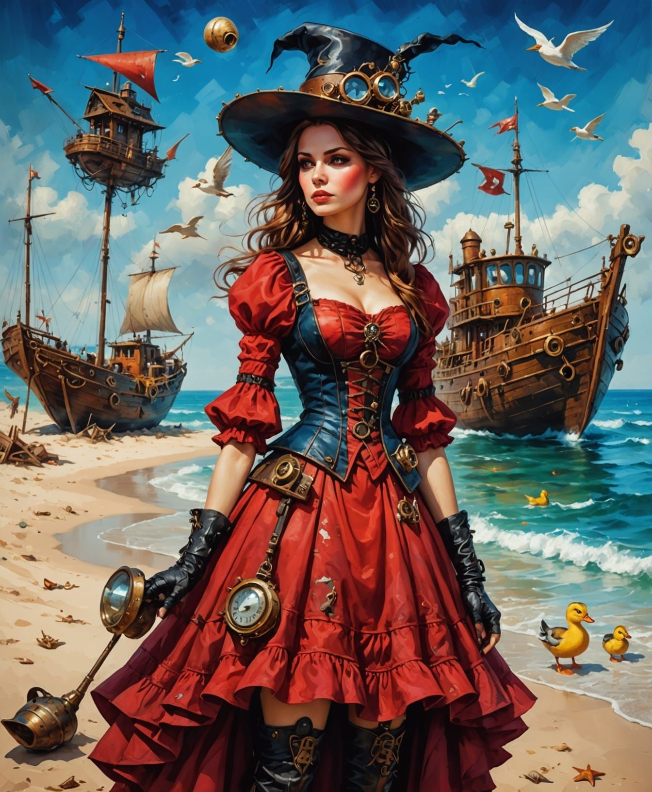 Steampunk Witch's Beach Vacation: Oil Painting