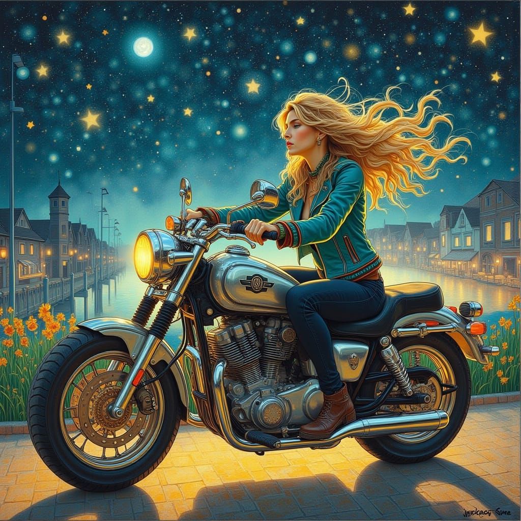 She Rides the motorcycle silver with star power