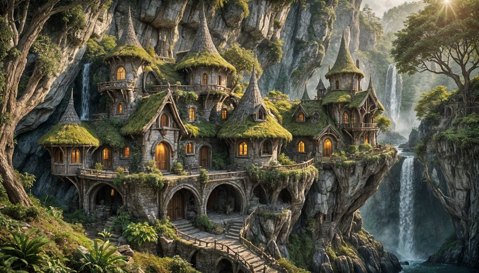 Rustic Elven House by Waterfall in Fantasy Landscape