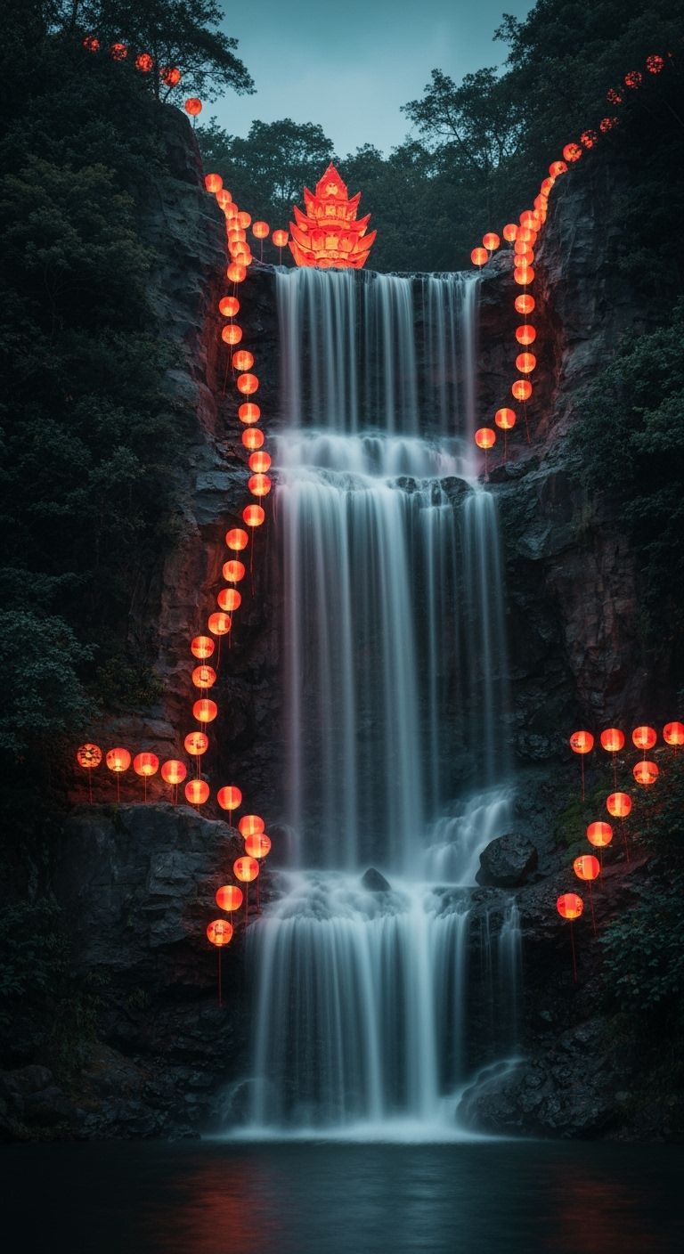Glowing Lantern Waterfall Over Cliff HDR Cinematic