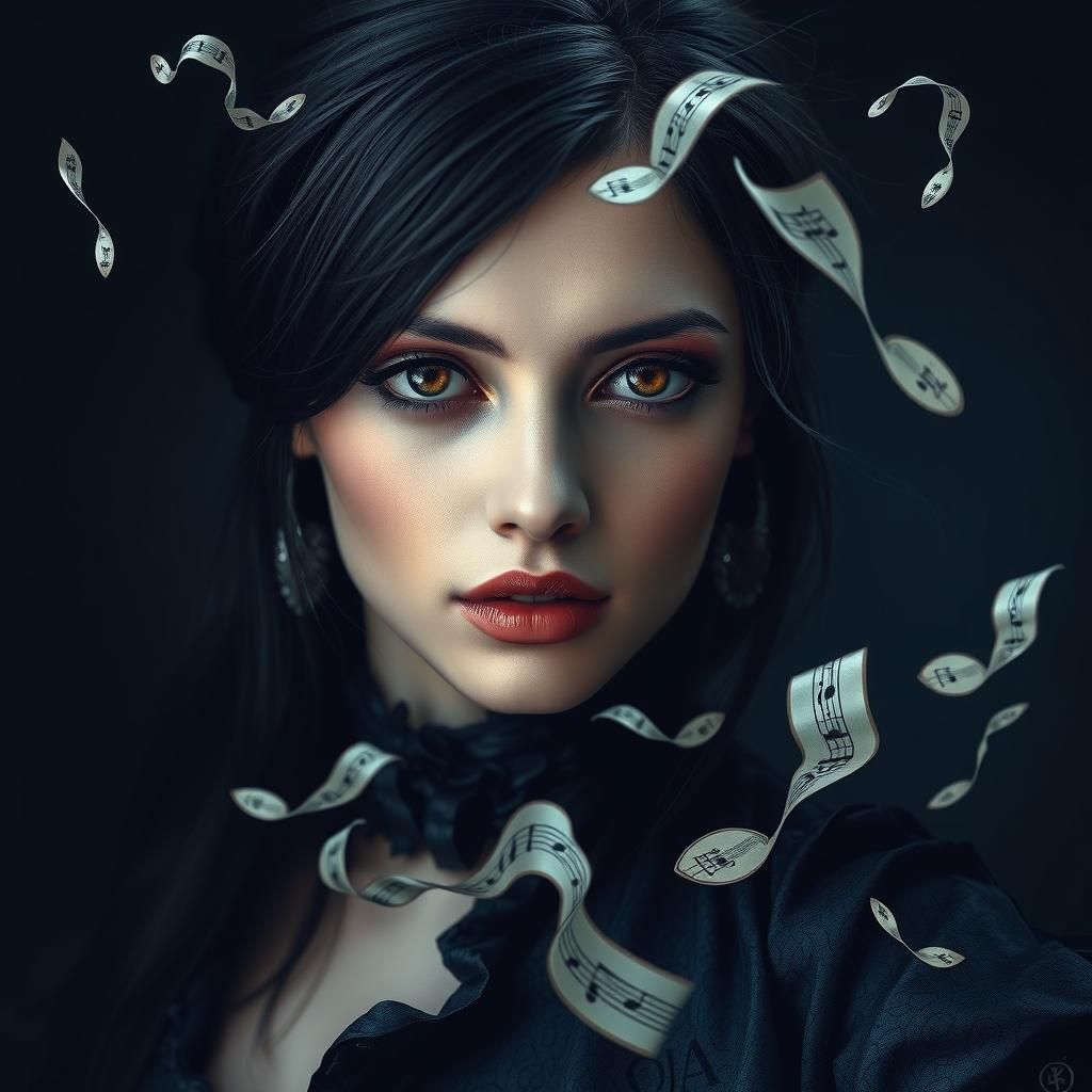 Gothic Siren Portrait with Musical Notes in Digital Art Styl...