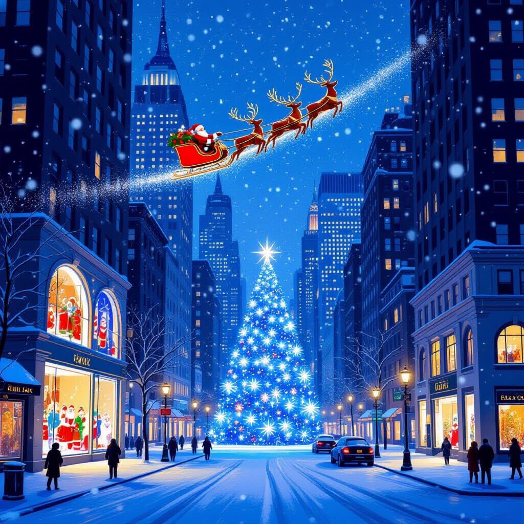 Santa Flies Over Snowy Manhattan at Night
