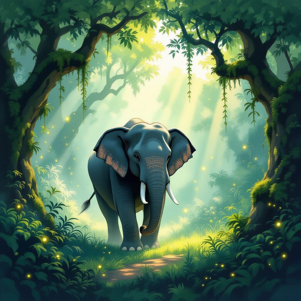 Gentle Elephant in Misty Jungle Clearing with Fireflies