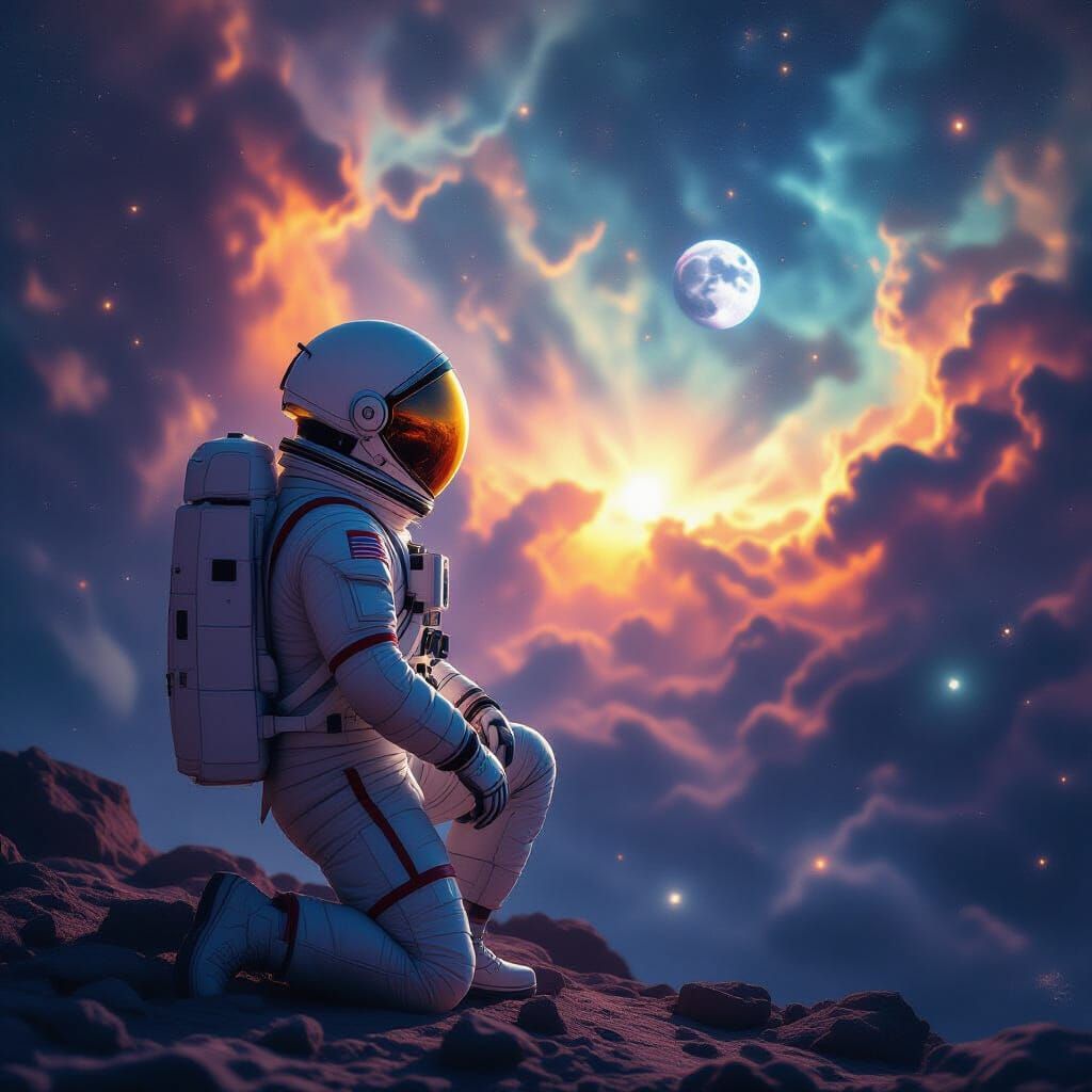 Astronaut Gazes at Nebula with Earth in Hyperrealistic Style