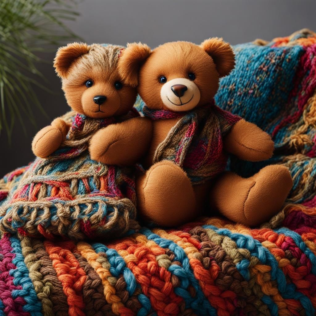 Teddy Bear and Rag Doll on Woolen Blanket
