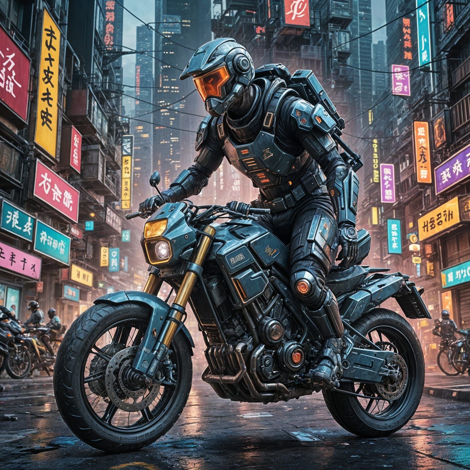 Cyberpunk Trooper Rides Through Future City