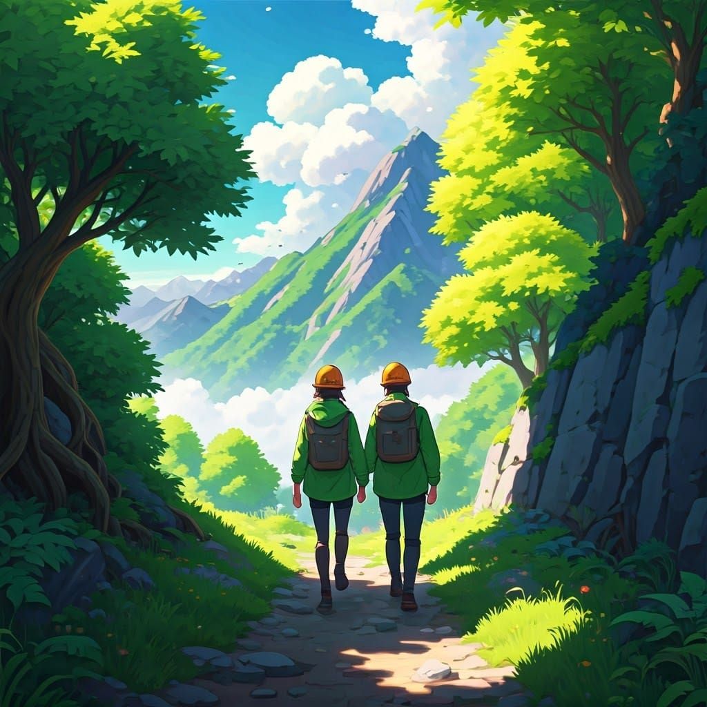 Geologists Hike Mountain Trail in Ghibli Style
