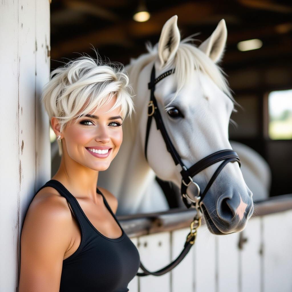 Woman in Black Leading White Horse from Stables