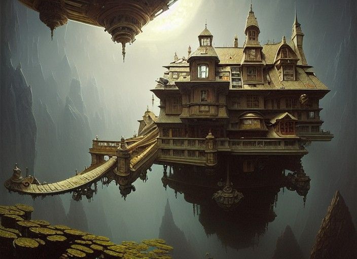 Surreal Floating Treasure House in Dark Fantasy Style