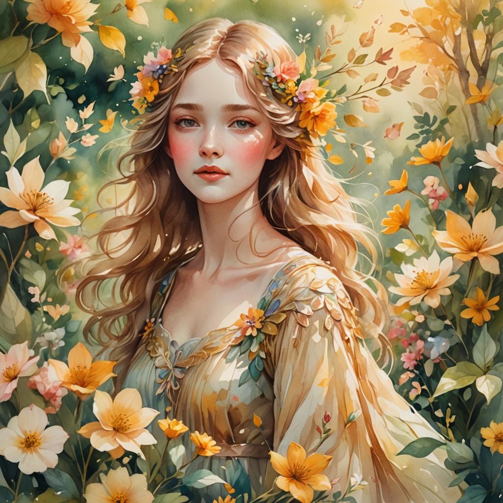 Gentle Maiden in Lush Garden Watercolor Portrait