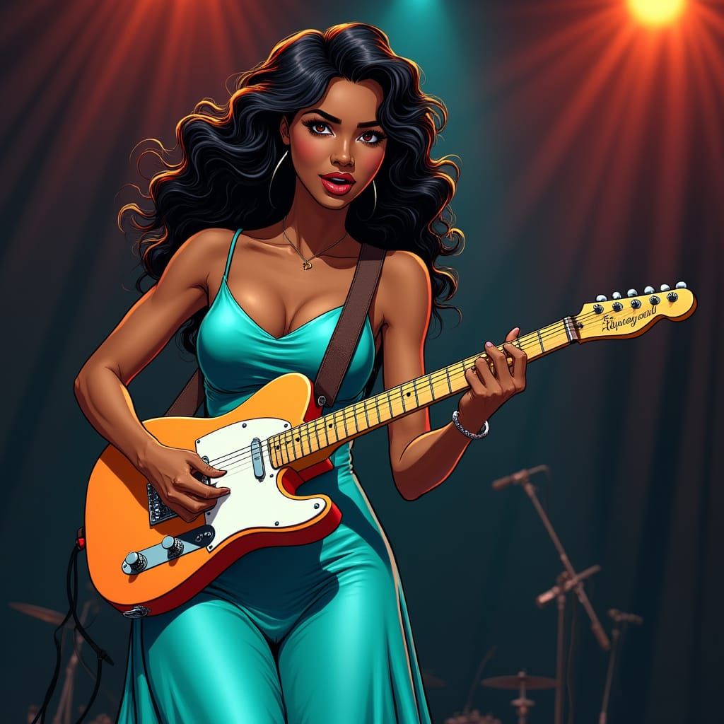 Beautiful Woman Playing Guitar on Stage in Evening Gown