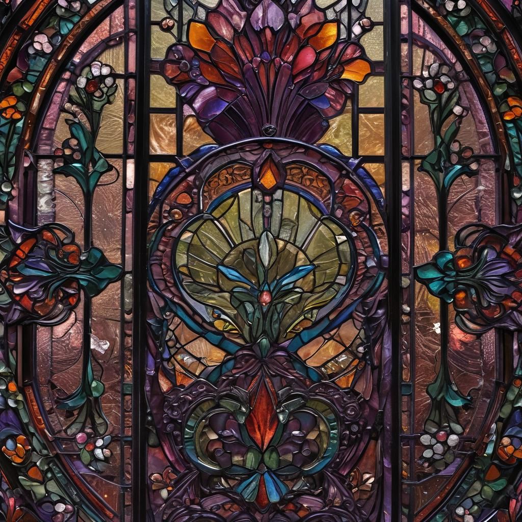 Elaborate Art Deco Stained Glass Window in Jewel Tones
