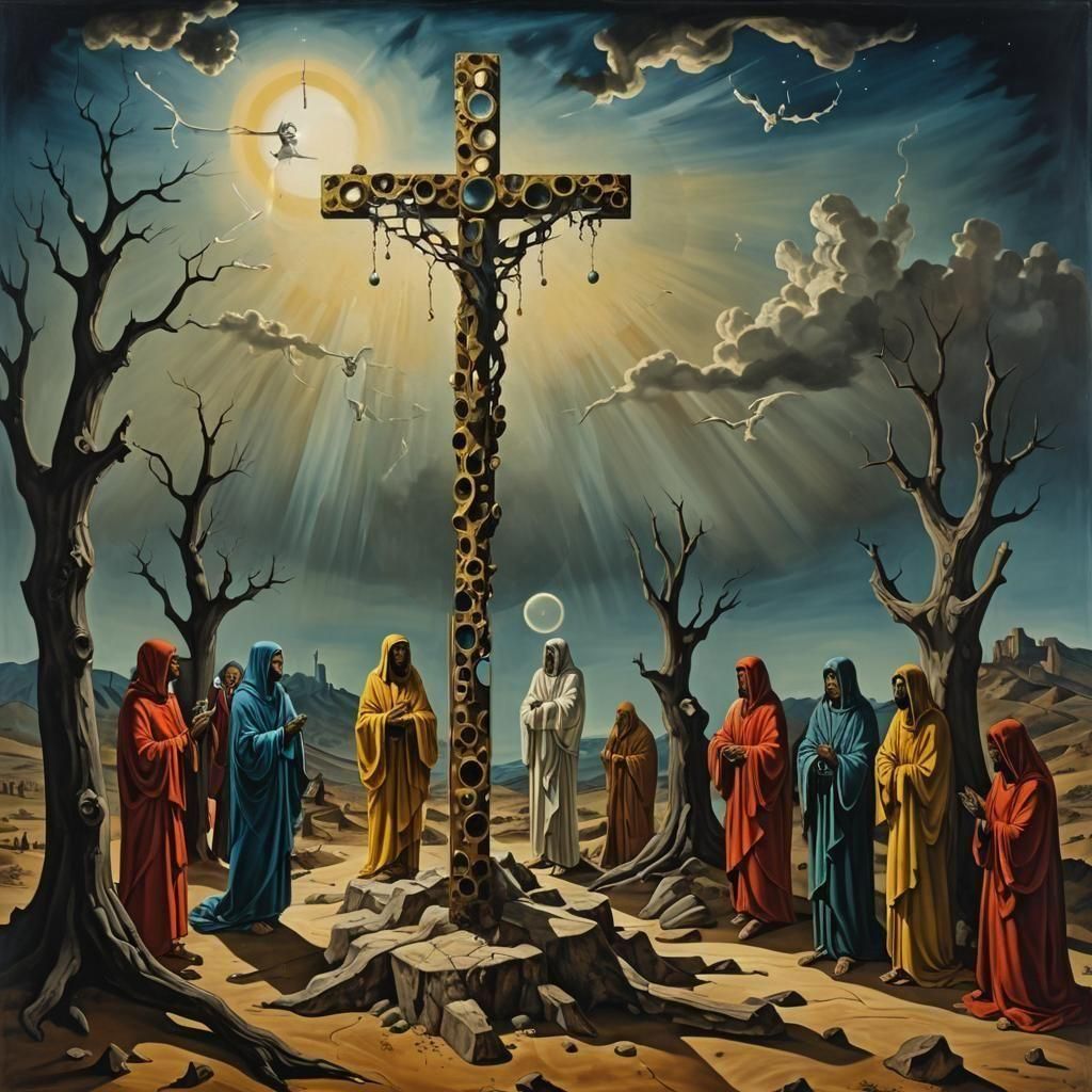Surreal Crucifixion Scene Inspired by Old Masters