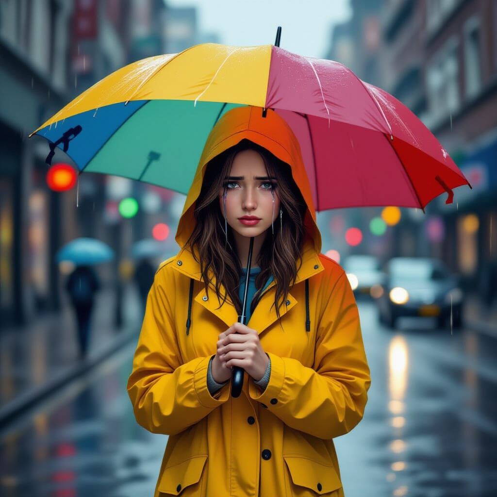 Woman in Yellow Raincoat Crying in the Rain