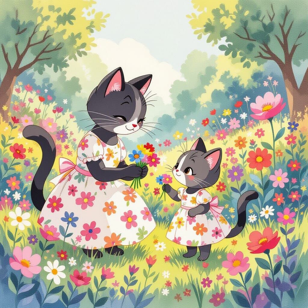 Cartoon Cats Picking Flowers in Whimsical Garden