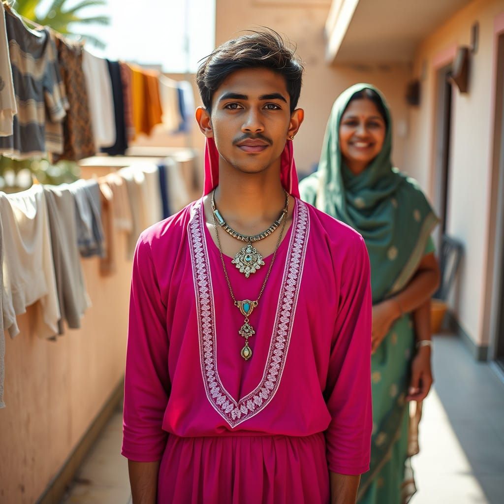 Young Man in Elegant Magenta Maxi Dress, Radiant Mother in t...