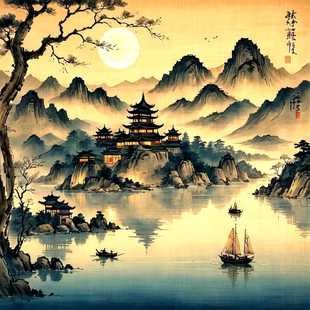 Chinese Sailboat on Lake at Night in Watercolor Style