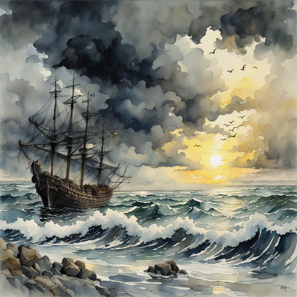 Dramatic Ocean Clouds Watercolor Painting
