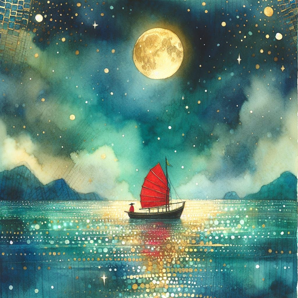 Dreamy Korean Boat in Teal Moonlit Waters