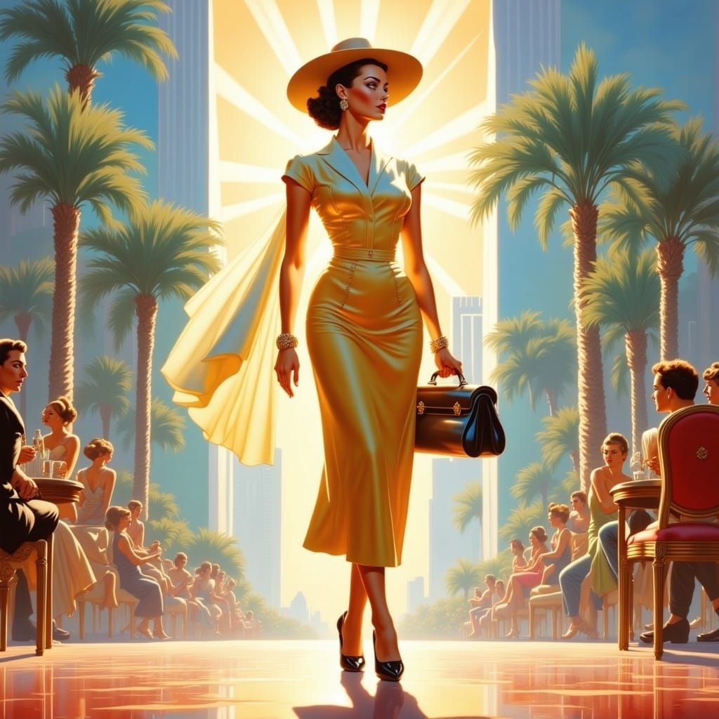 Elegant Woman Struts Down the Catwalk in a Vintage Suit