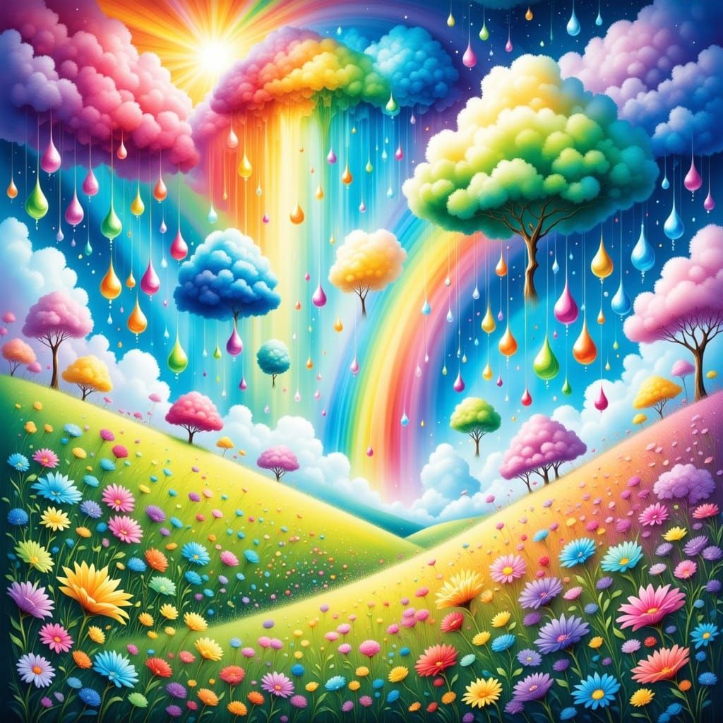 Vibrant Rainbow Raindrops on a Sunny Spring Day