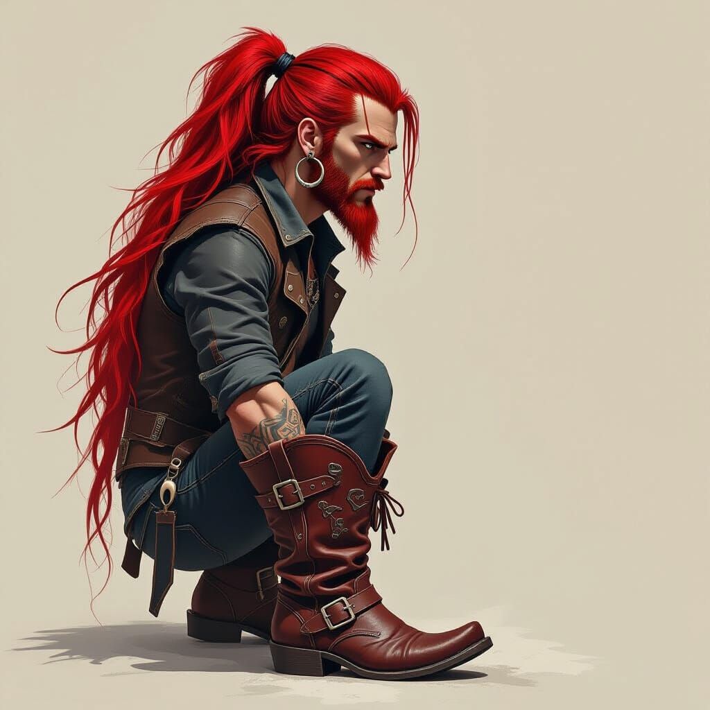 Man with Red Ponytail and Dragon Leather Boots