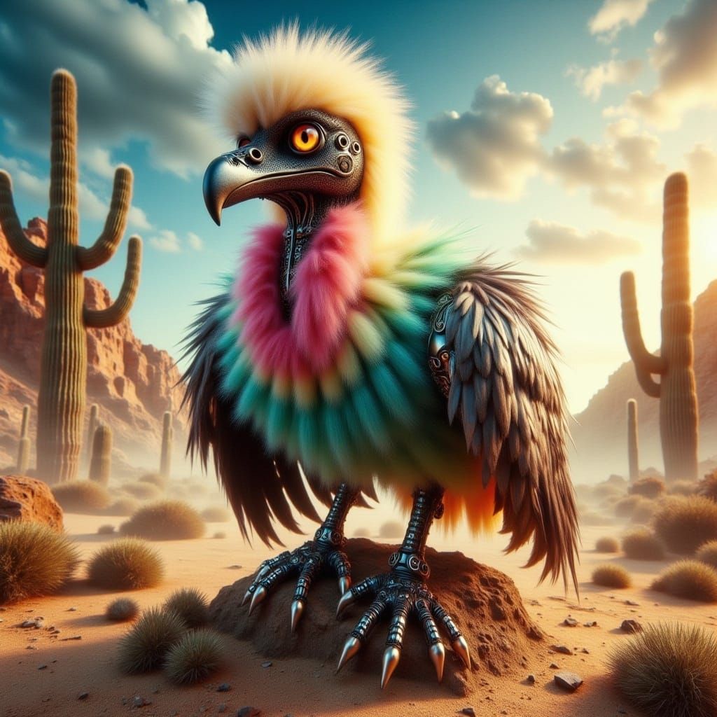 Colorful Cyberpunk Vulture on Desert Cactus