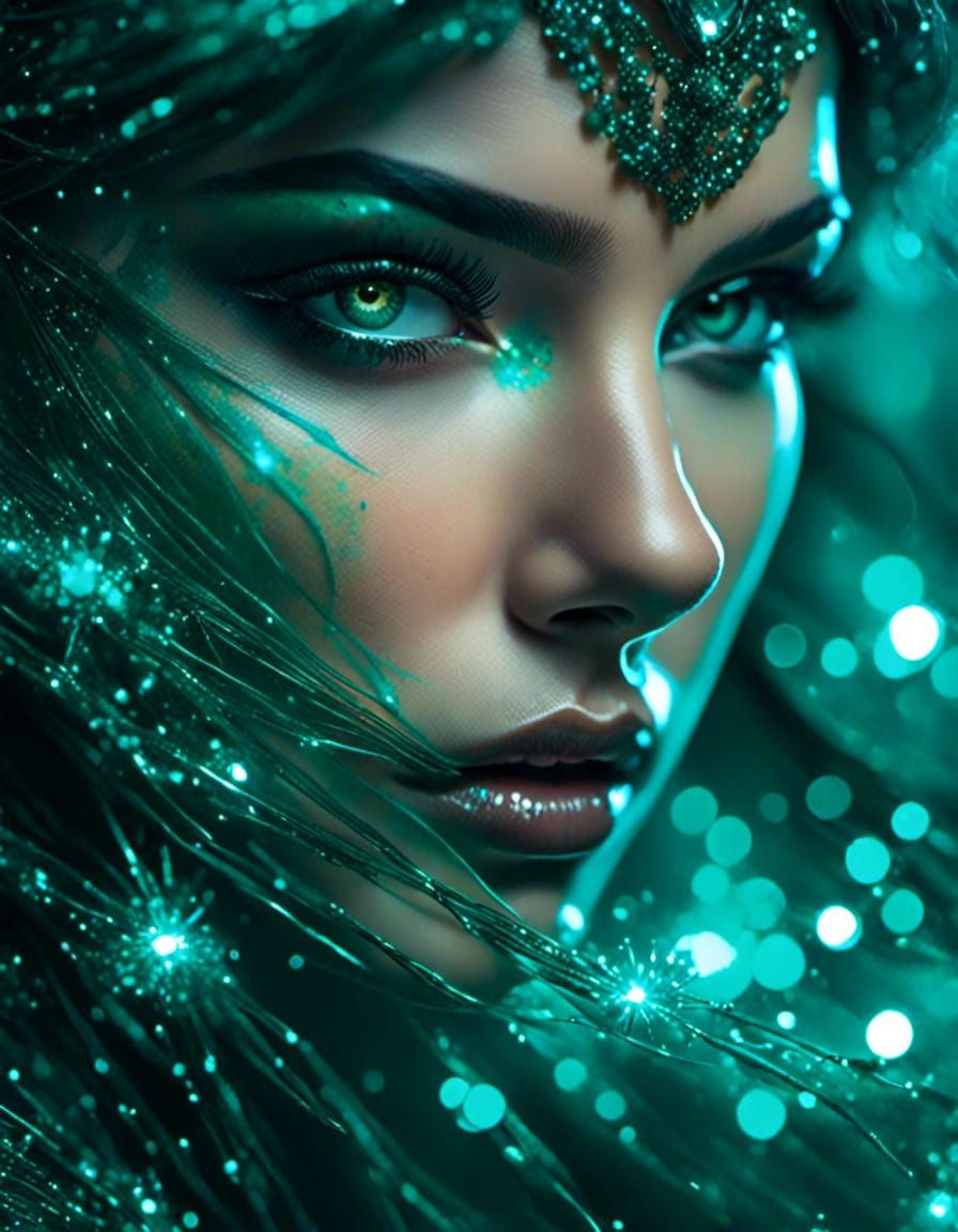 Woman with Emerald Eyes and Multicolored Light