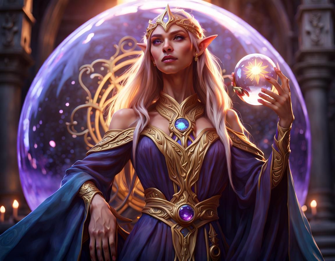 Sun Elf Enchantress with Crystal Ball in Fantasy Art