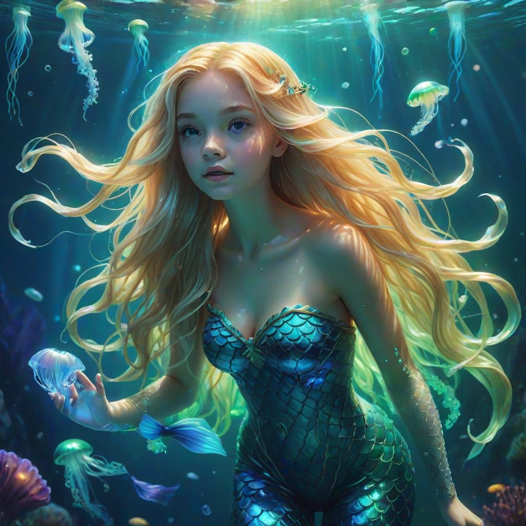 Underwater Mermaid with Bioluminescent Jellyfish in Splash A...