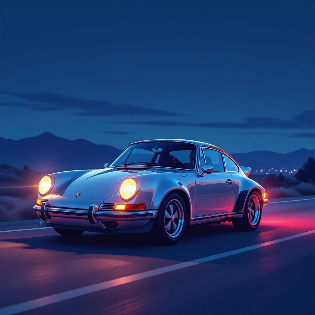 Vintage Porsche 911 Drives on Deserted Road at Night