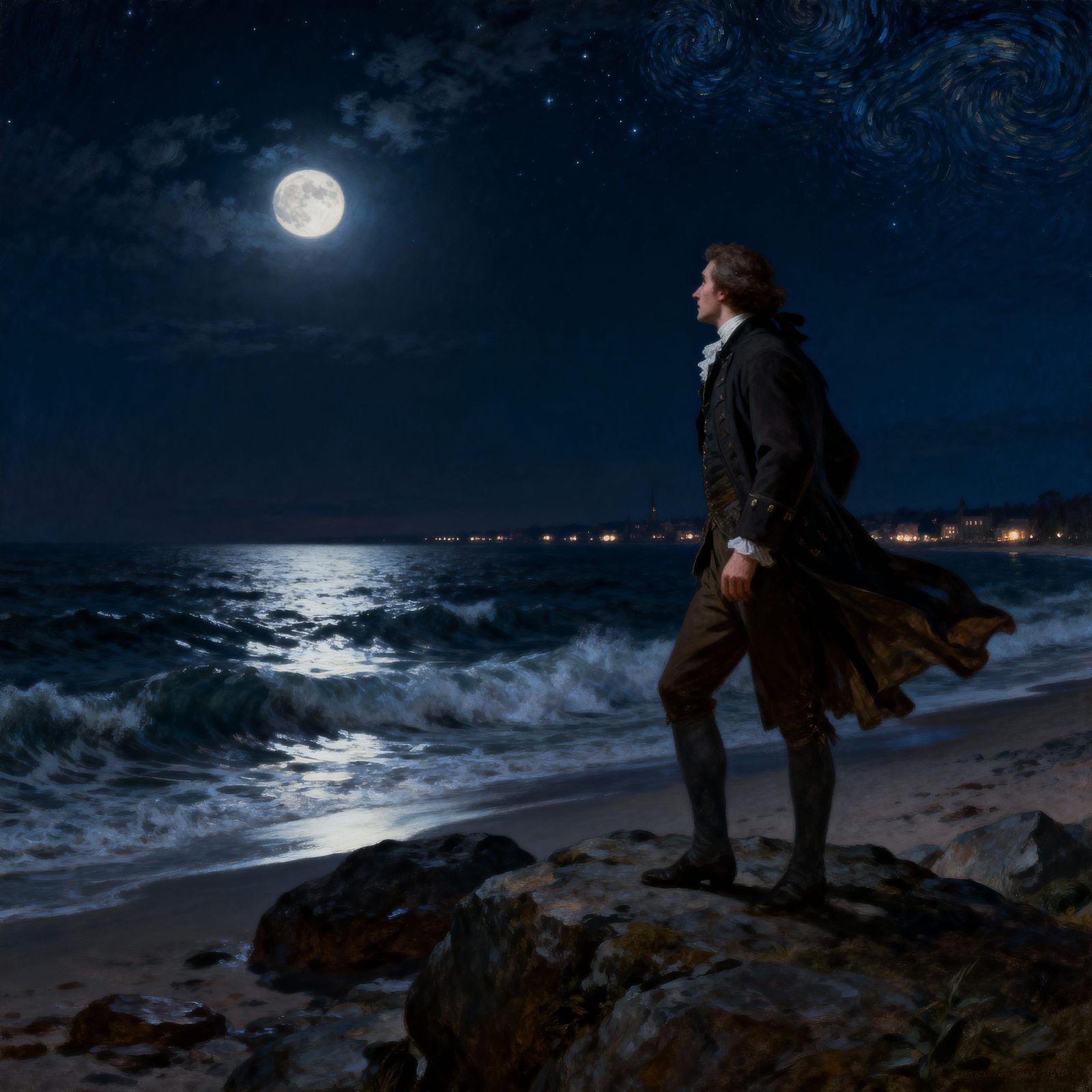 Paul Revere Watches Shore at Night in Academic Art Style