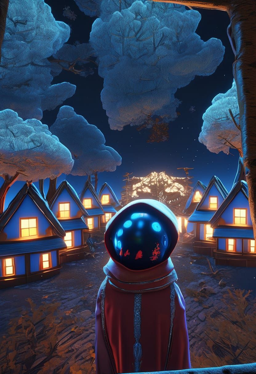 Regal Woman in Crimson Velvet Cloak Surrounded by Whimsical....