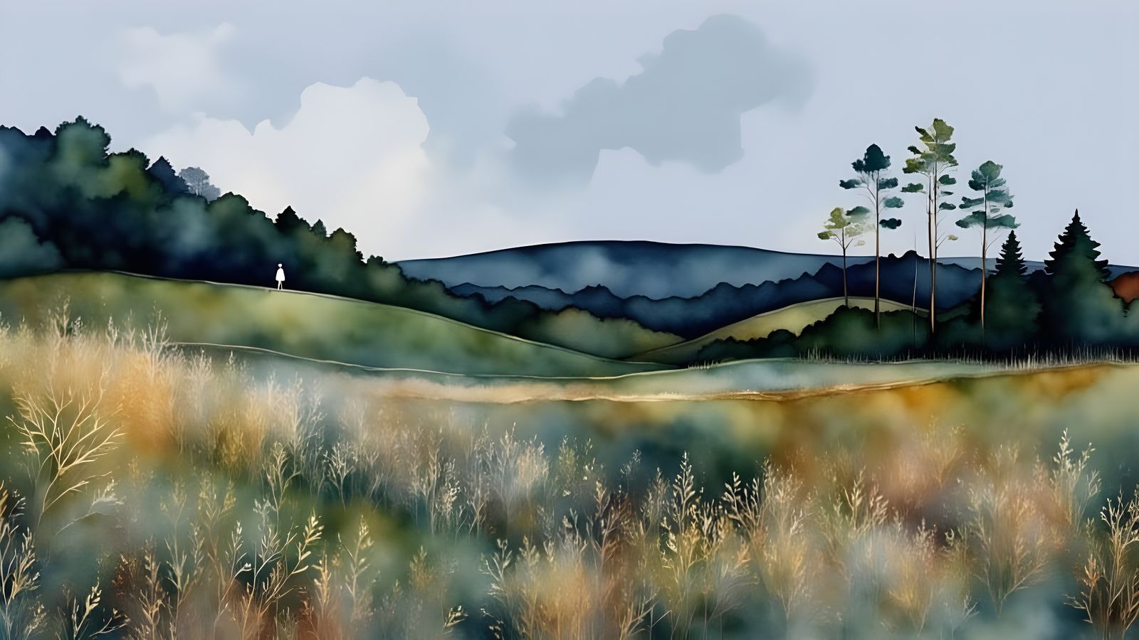 Dark Green Watercolor Landscape with Grassy Field