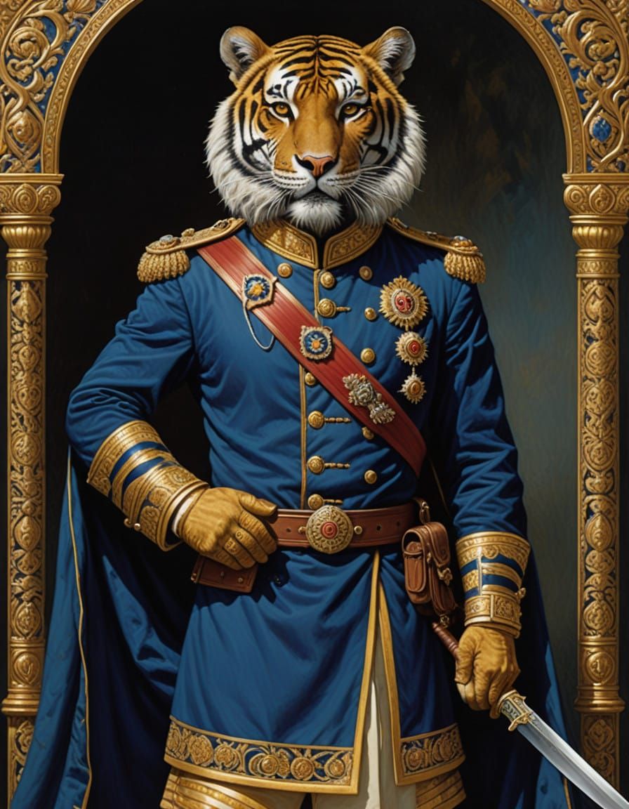 Regal Tiger in Royal Captain Uniform, Wearing Ceremonial Khu...