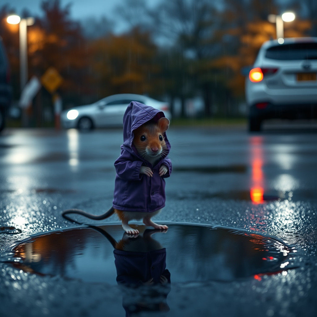 Mouse in Purple Raincoat Reflects in Puddle