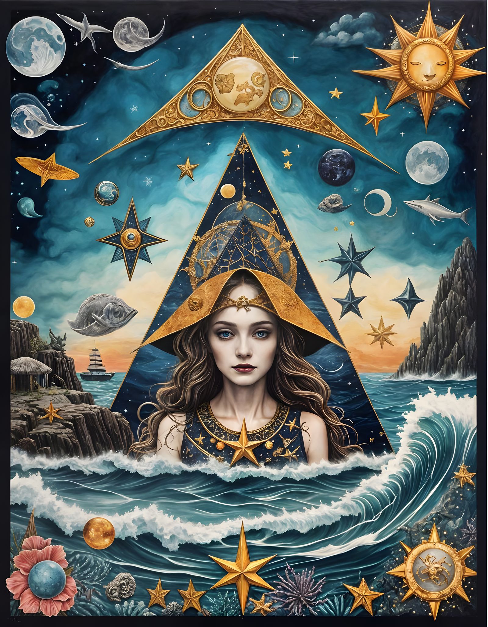 Surreal Witchy Ocean Celestial Border